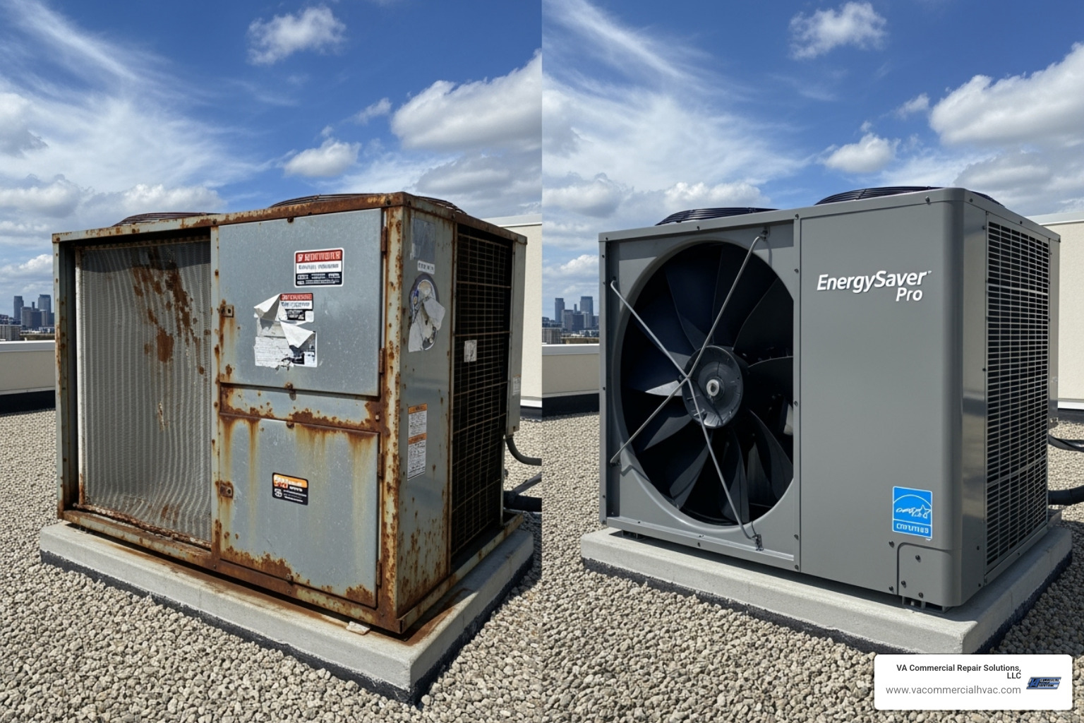 An image comparing an old, rusty commercial AC unit with a new, modern high-efficiency unit - commercial air conditioner repair