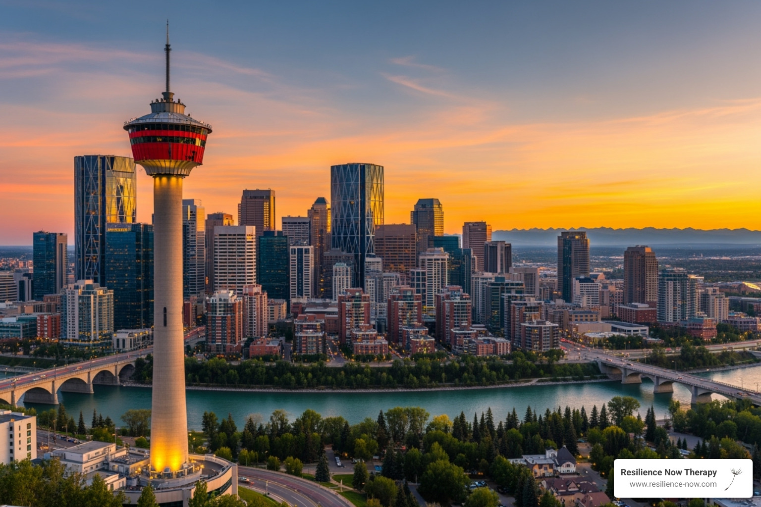 Calgary skyline with the iconic Calgary Tower prominently featured - accelerated resolution therapy training calgary