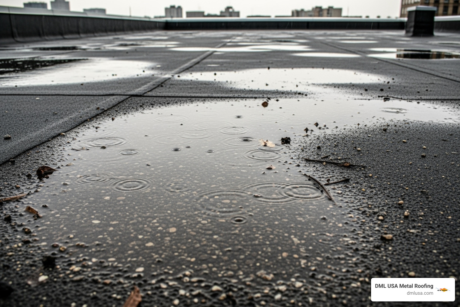 Ponding water on a flat roof surface, showing standing water after rain - flat roof installation chicago