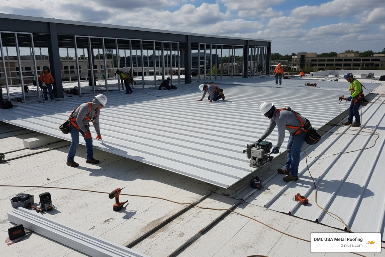 A large white metal roof being installed on a commercial building, showing panels being mechanically attached - flat roof installation chicago
