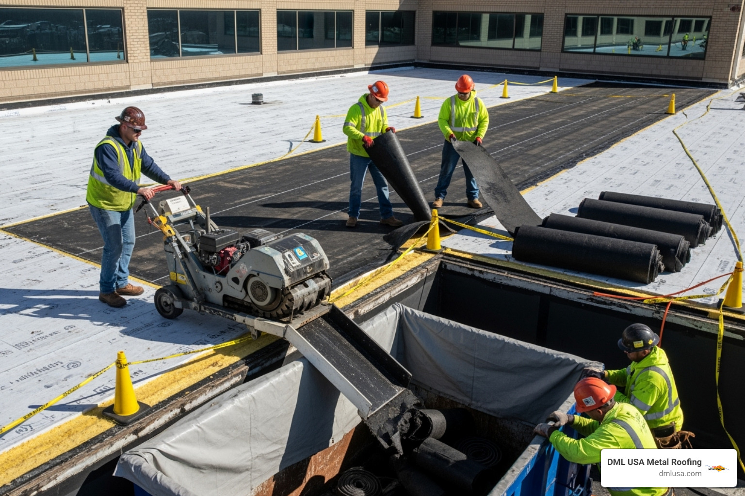 A roofing crew safely removing an old flat roof membrane from a commercial building, with debris contained - flat roof installation chicago