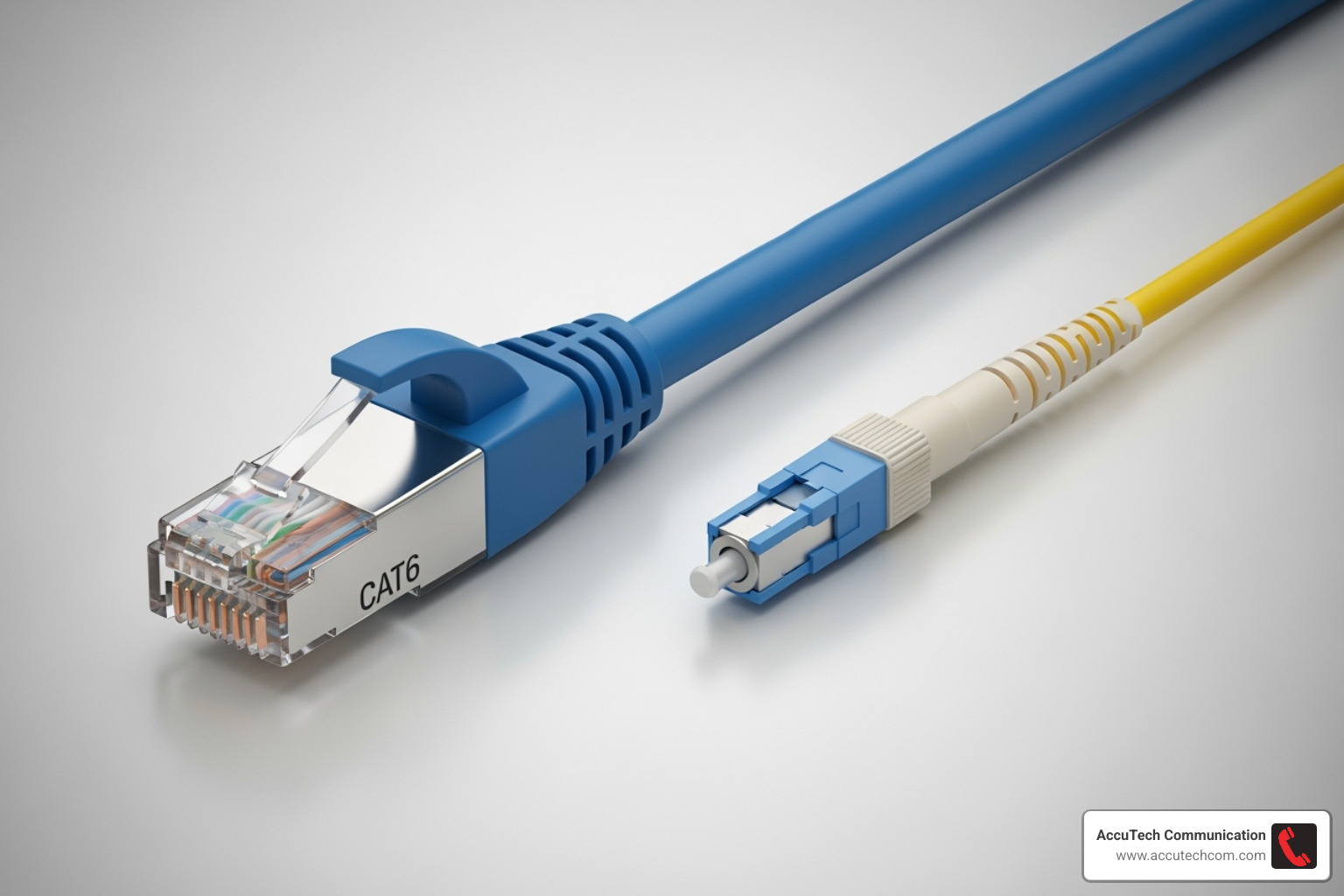 side-by-side comparison of a copper Ethernet cable and a fiber optic cable - High speed network cabling side-by-side comparison of a copper Ethernet cable and a fiber optic cable - High speed network cabling