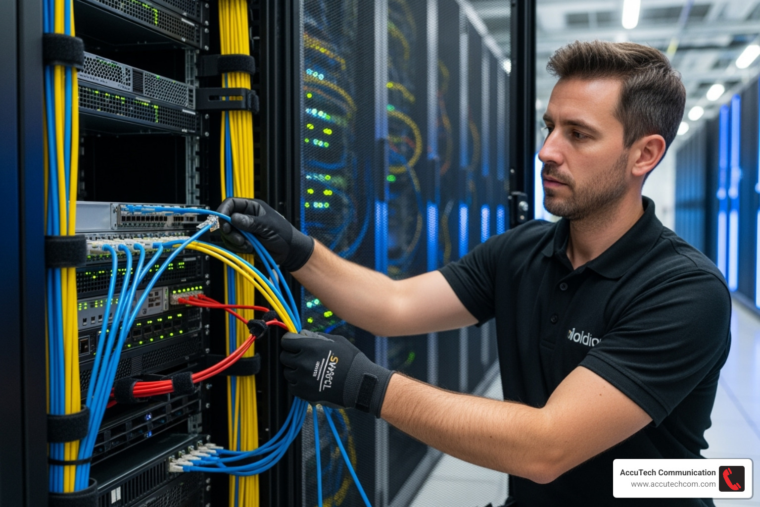 technician performing a clean cable installation - High speed network cabling technician performing a clean cable installation - High speed network cabling