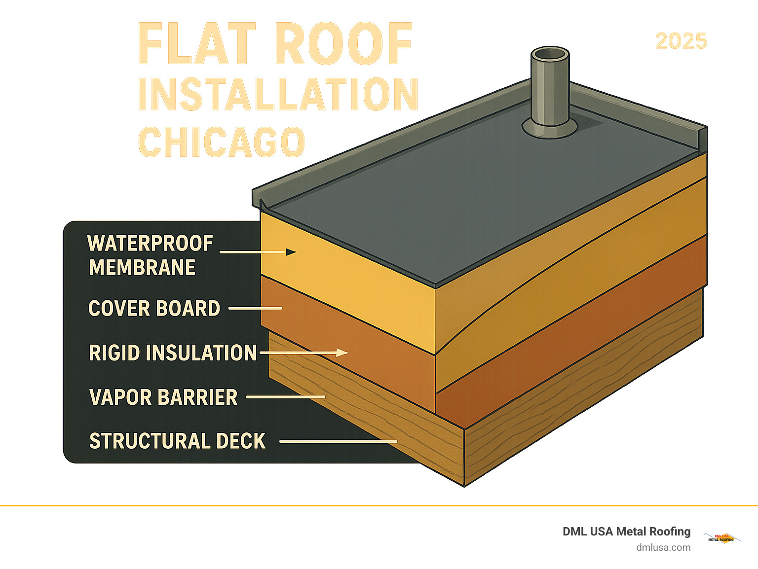 Detailed infographic showing the essential layers of a flat roof system installation: structural deck at bottom, vapor barrier layer, rigid insulation with proper slope, cover board protection, and waterproof membrane on top, with proper flashing details around edges and penetrations - flat roof installation chicago infographic 