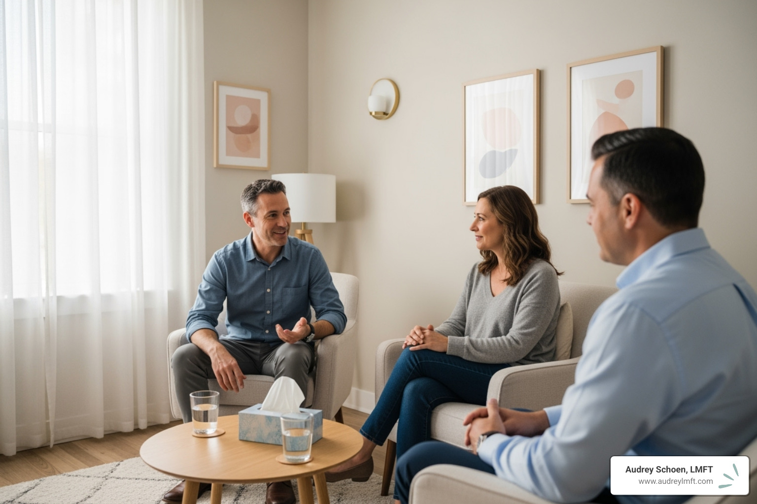 therapist facilitating calm conversation between couple - couples counseling for communication breakdown