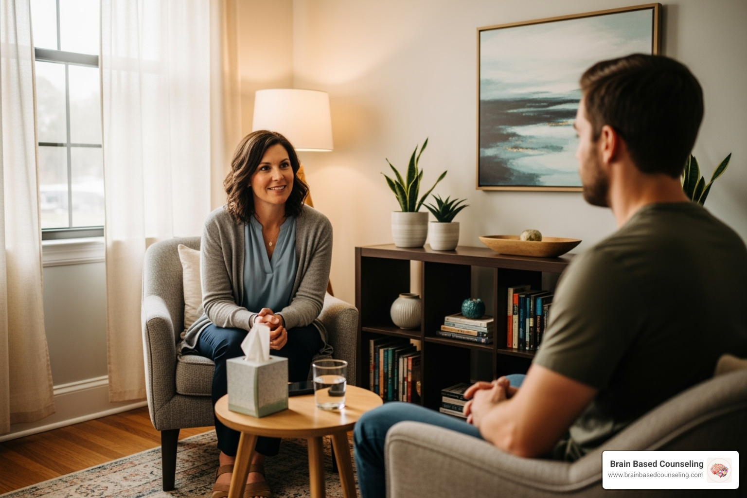 therapist and client in a calm, comfortable office setting - emotional healing