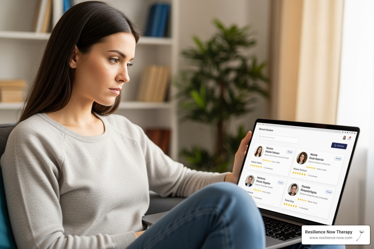 woman browsing therapist directory - women trauma therapy alberta