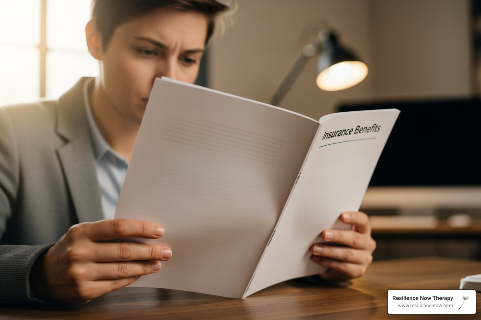 person reviewing insurance benefits booklet - women trauma therapy alberta