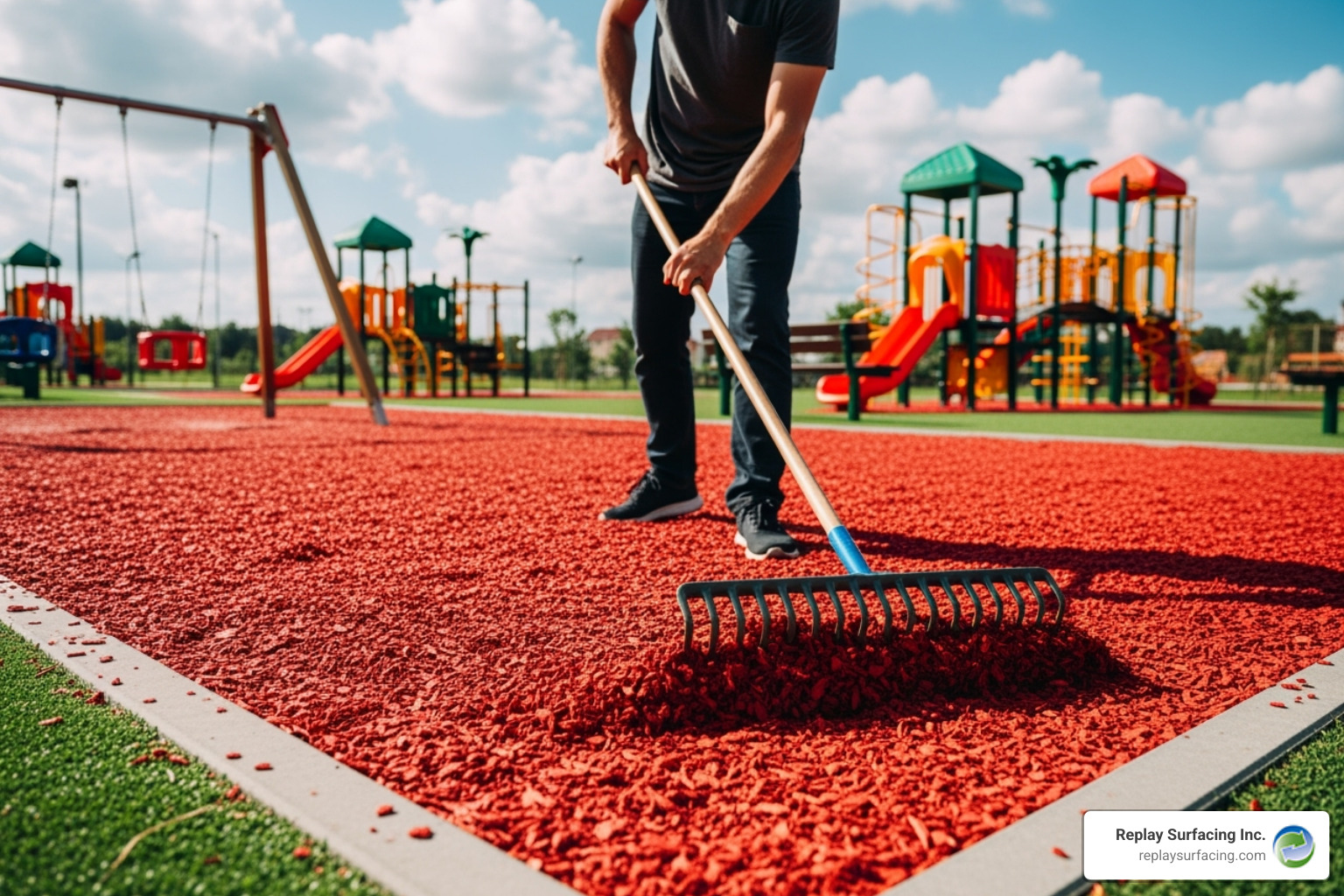 person raking freshly installed rubber mulch within a playground border - rubber chips for playground