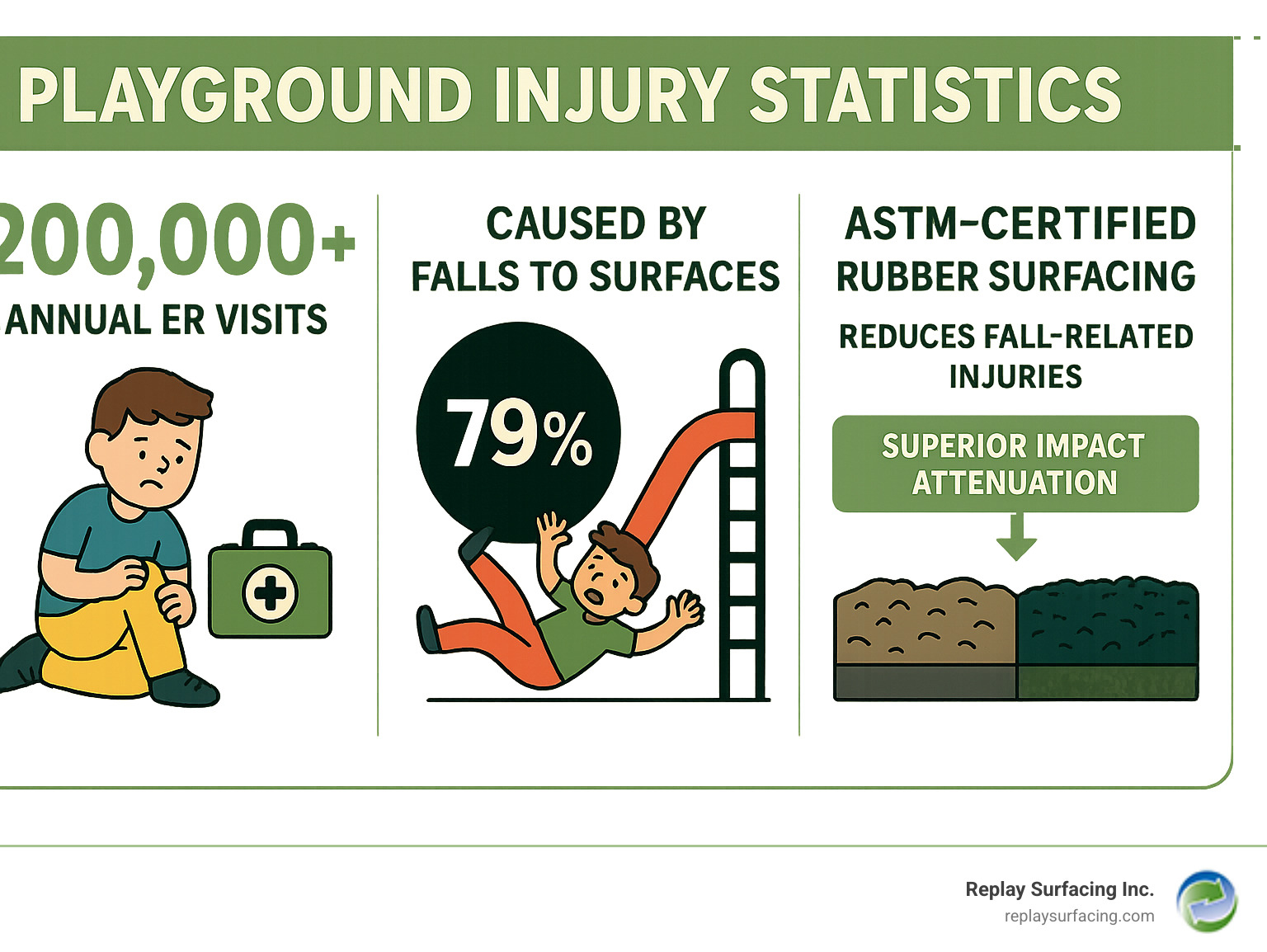 Infographic showing playground injury statistics: 200,000+ annual ER visits, with 79% caused by falls to surfaces, and how ASTM-certified rubber surfacing reduces fall-related injuries by providing superior impact attenuation compared to traditional materials - rubber chips for playground infographic 