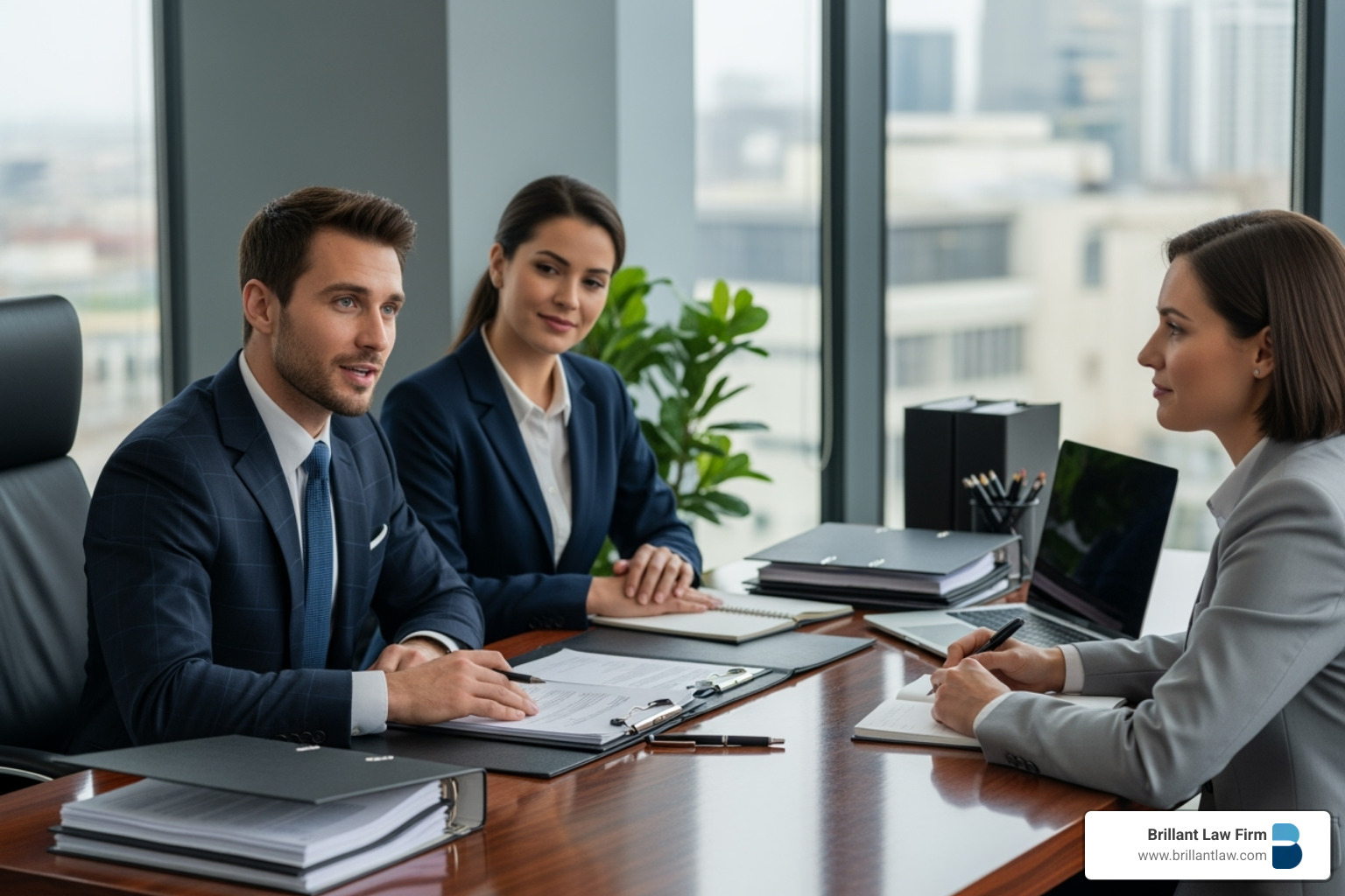 Lawyer confidently speaking with tax auditor while client looks on relieved - California tax audit lawyer