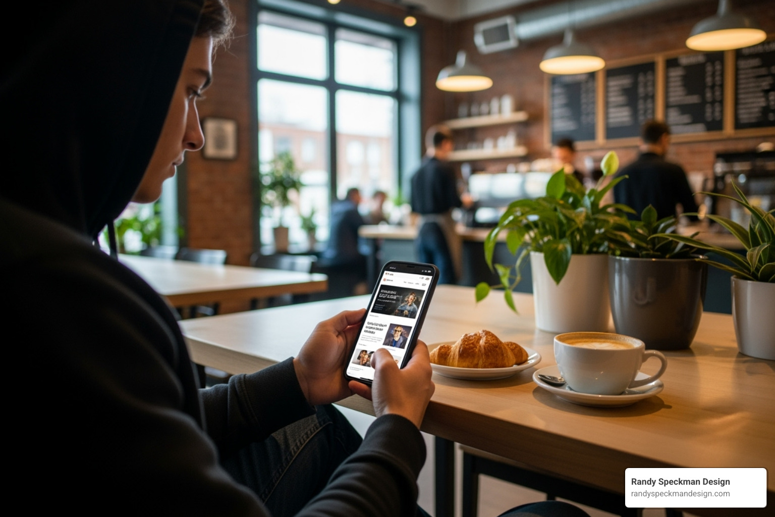 a customer browsing a local business website on their smartphone while at a Richland coffee shop - Web Design Richland WA a customer browsing a local business website on their smartphone while at a Richland coffee shop - Web Design Richland WA
