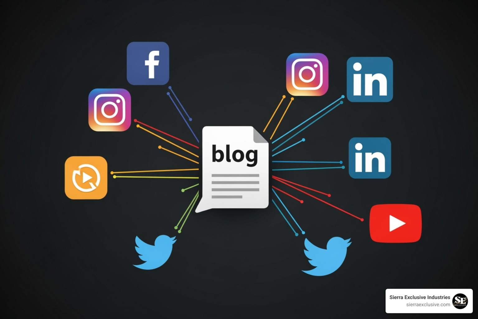 A central blog post icon with lines extending to various social media platform logos (Facebook, Instagram, LinkedIn, Twitter, YouTube), illustrating content distribution - how does social media and content marketing differ