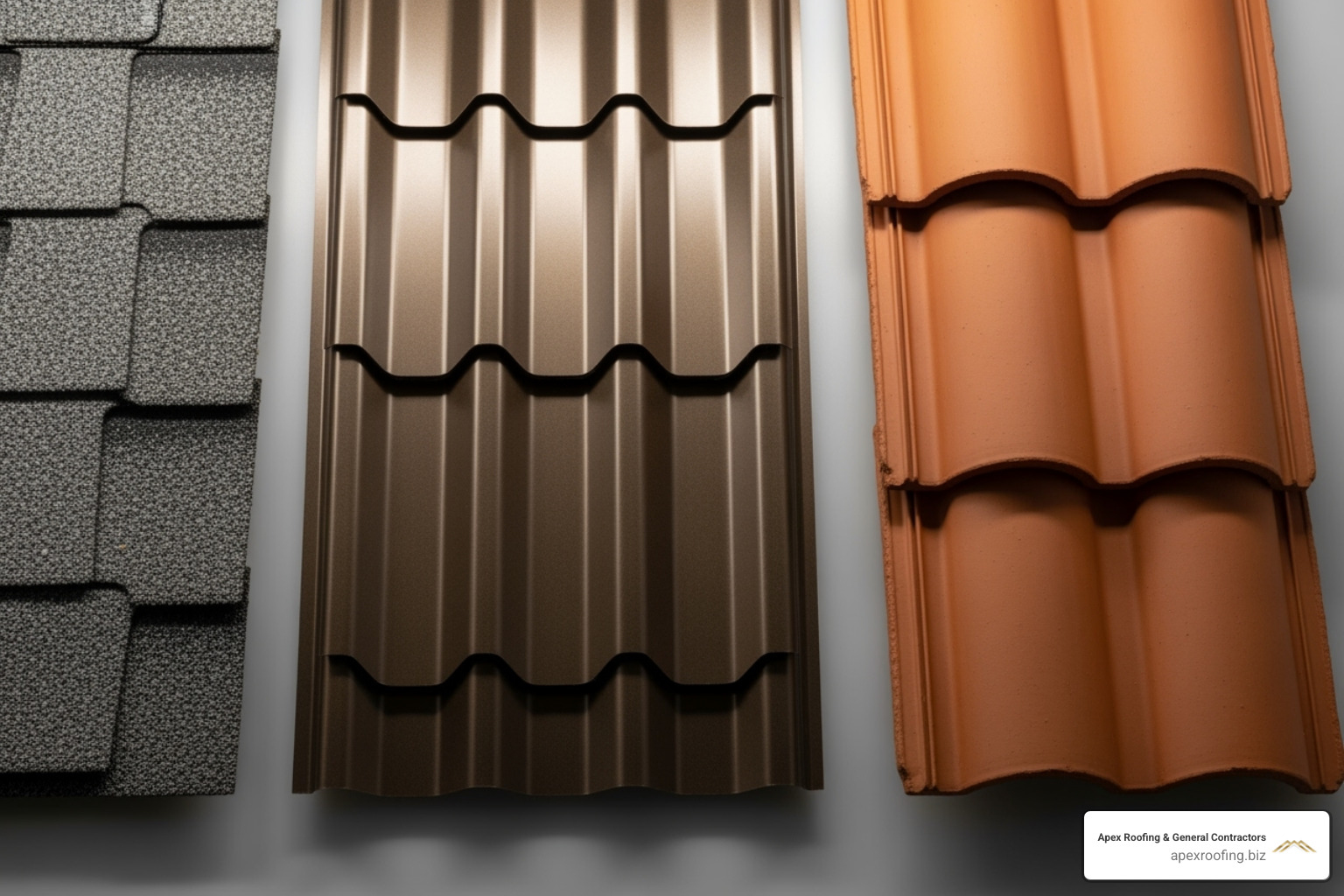 various roofing material samples like asphalt shingles, metal, and tile - Shavano Park roofing
