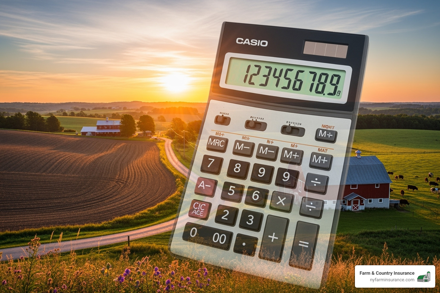 calculator superimposed over a farm landscape - farmers home insurance coverage