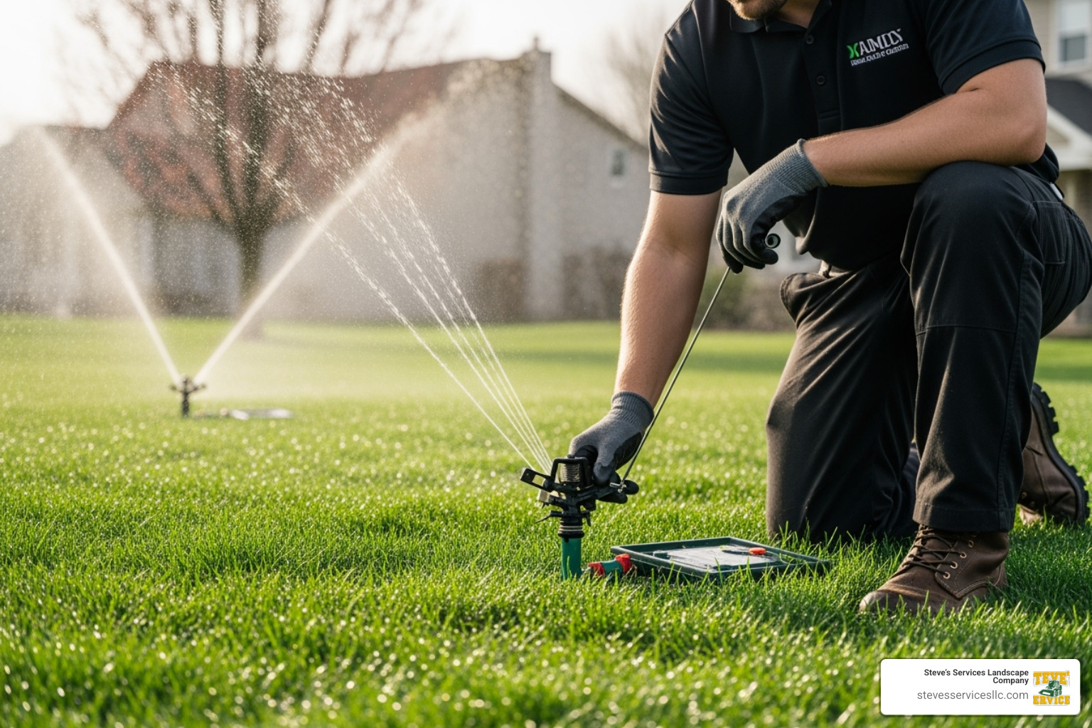 technician performing a spring start-up on a sprinkler system - Sprinkler System Cost