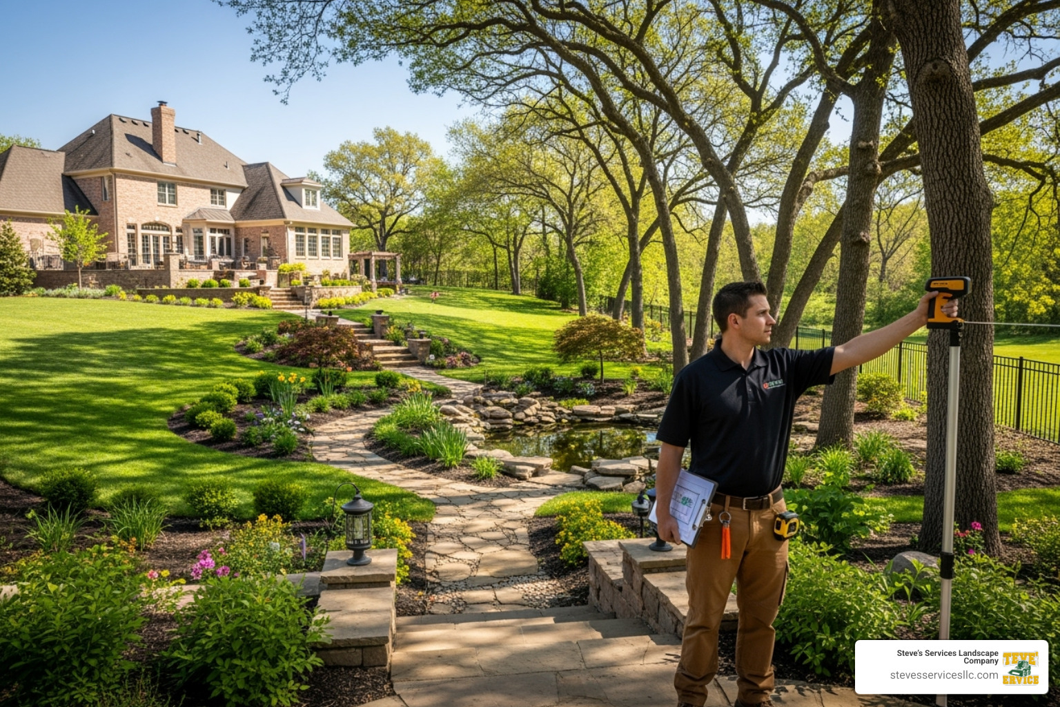 professional measuring a large, complex yard for a sprinkler system - Sprinkler System Cost