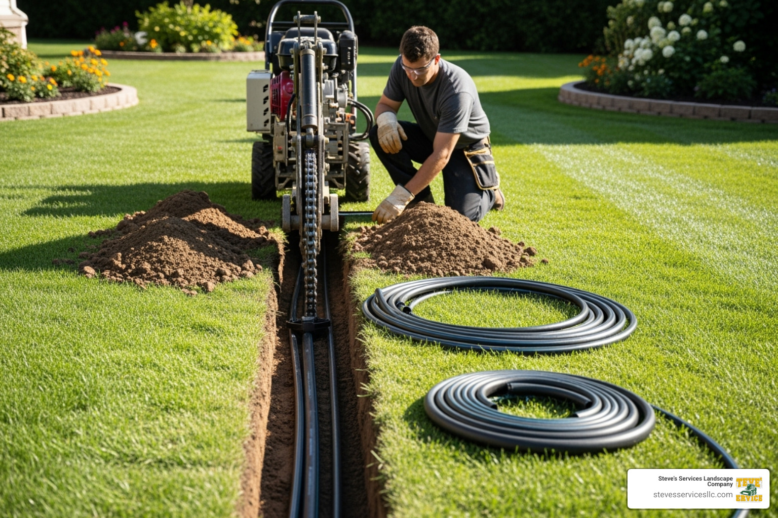 trench being carefully dug across a lawn for sprinkler pipes - Sprinkler System Cost