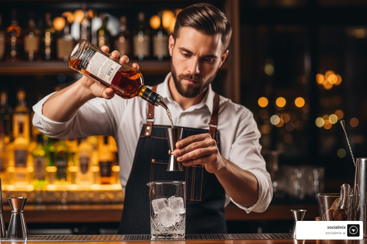 a bartender in a modern denim apron using a jigger to measure spirits - bartender uniforms ideas