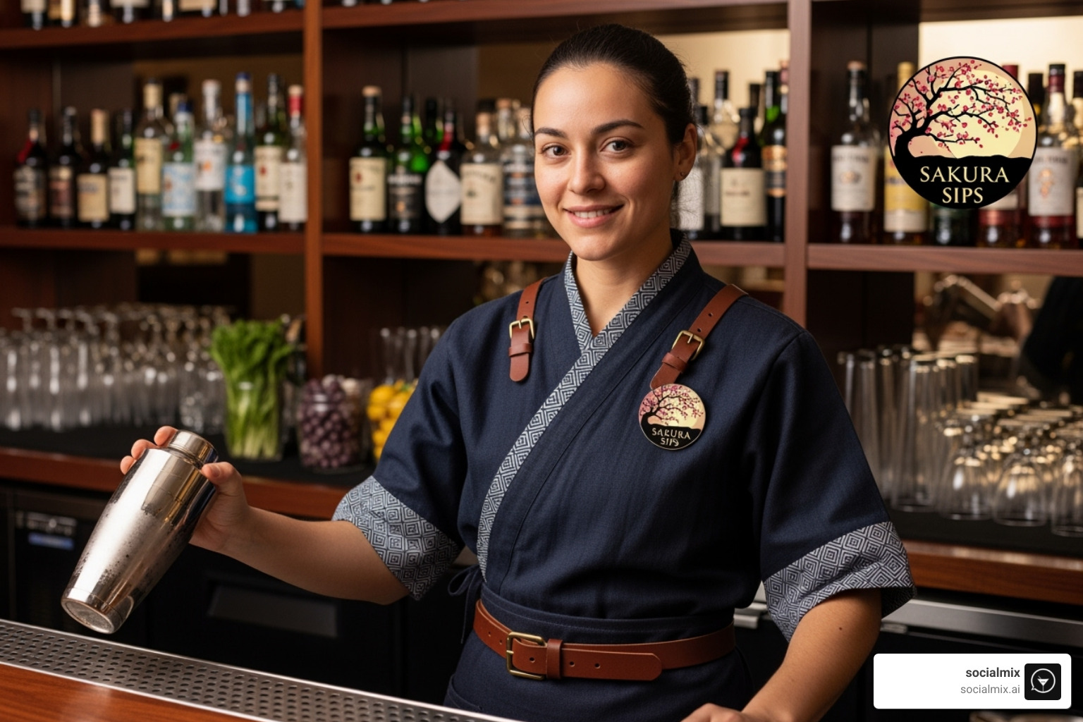 a bartender in a unique, themed uniform with a custom logo pin on their apron - bartender uniforms ideas