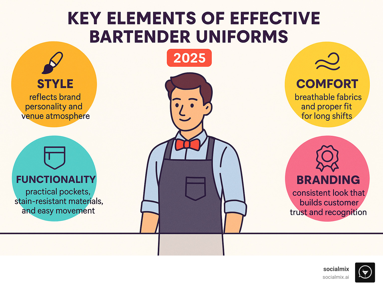 Infographic showing the 4 key elements of effective bartender uniforms: Style (reflects brand personality and venue atmosphere), Comfort (breathable fabrics and proper fit for long shifts), Functionality (practical pockets, stain-resistant materials, and easy movement), and Branding (consistent look that builds customer trust and recognition) - bartender uniforms ideas infographic 