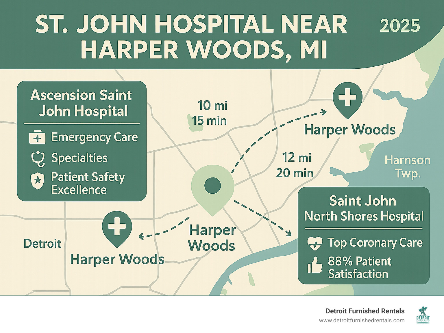 Detailed infographic showing the locations of St. John affiliated hospitals in relation to Harper Woods, MI, including Ascension Saint John Hospital in Detroit and Saint John North Shores Hospital in Harrison Township, with driving distances, key services, and patient satisfaction ratings displayed - st john hospital harper woods mi infographic 
