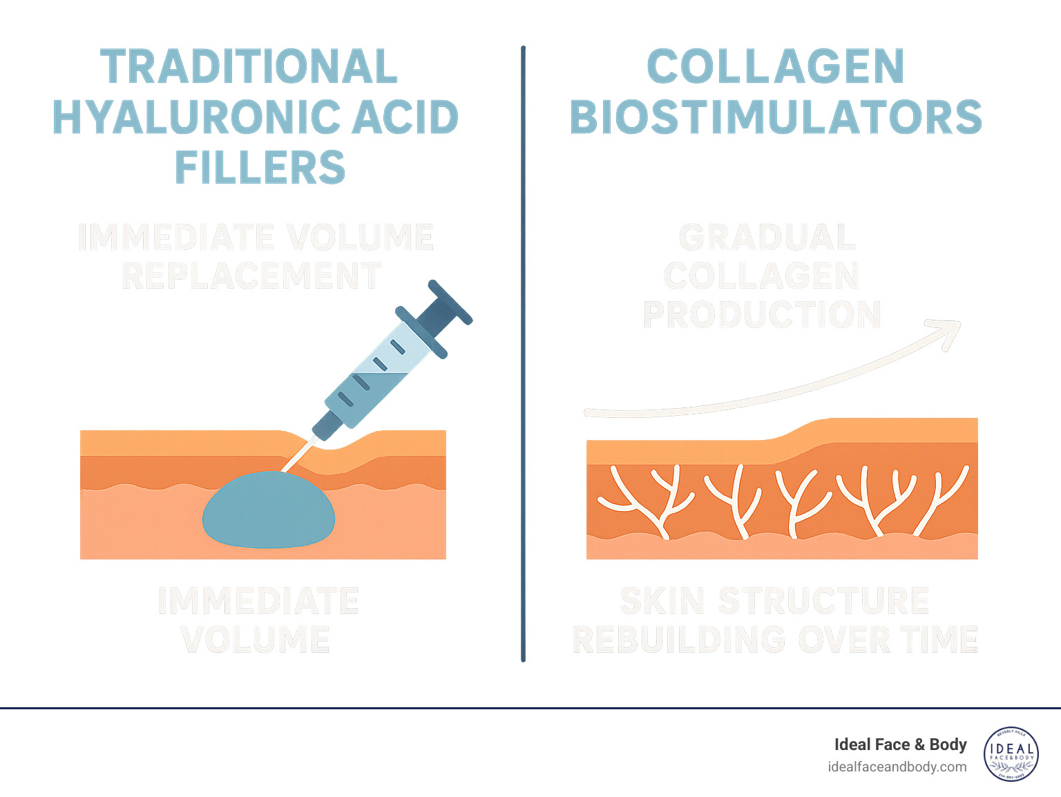 Infographic comparing traditional hyaluronic acid fillers showing immediate volume replacement versus collagen biostimulators showing gradual collagen production and skin structure rebuilding over time - radiesse vs sculptra infographic 