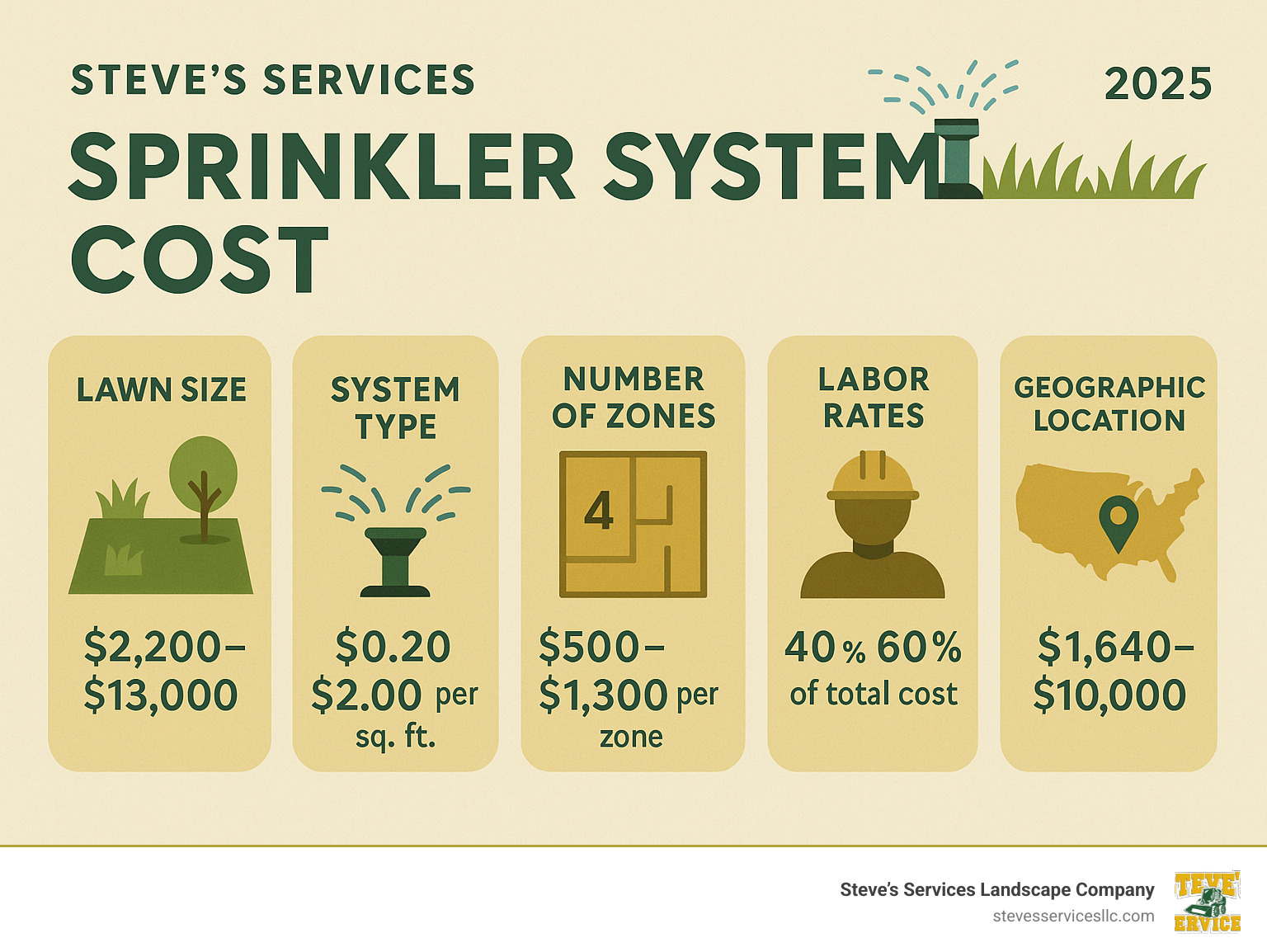Detailed breakdown of the 5 main factors that influence sprinkler system installation costs including lawn size, system type, number of zones, labor rates, and geographic location with average price ranges for each factor - Sprinkler System Cost infographic 