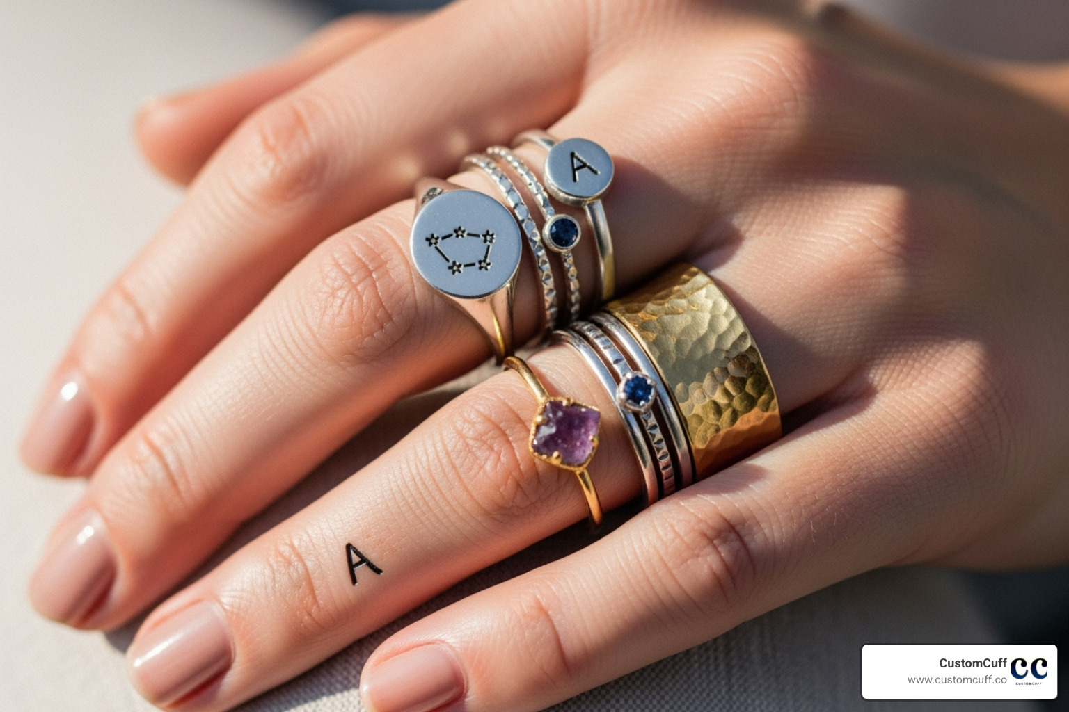 Stacked personalized rings on hand - customized jewelry for women Stacked personalized rings on hand - customized jewelry for women