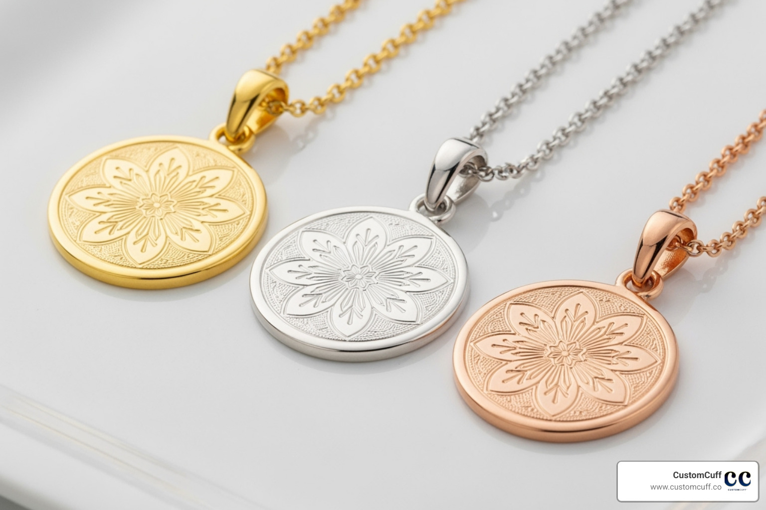 Gold, silver, and rose gold pendants side by side - customized jewelry for women Gold, silver, and rose gold pendants side by side - customized jewelry for women