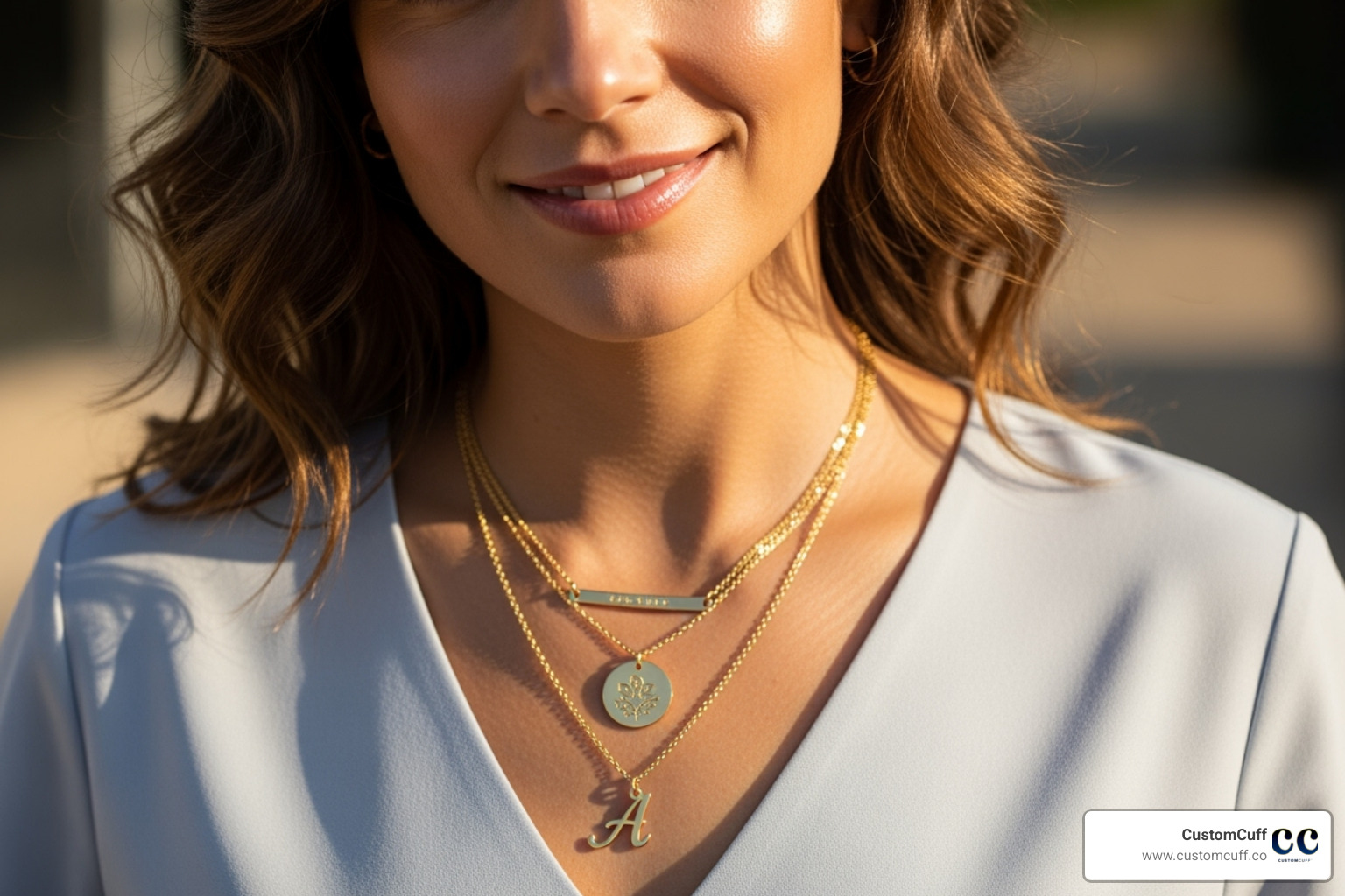 Woman wearing layered personalized necklaces, including a bar, disc, and initial pendant - customized jewelry for women Woman wearing layered personalized necklaces, including a bar, disc, and initial pendant - customized jewelry for women