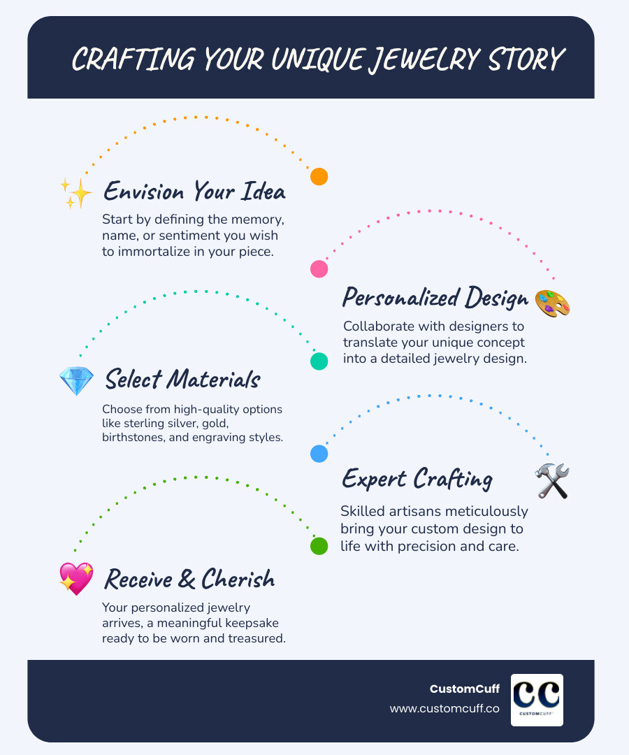 Infographic showing the journey from selecting a personal memory or message to receiving a finished piece of customized jewelry, including design consultation, material selection, crafting process, and final packaging - customized jewelry for women infographic infographic-line-5-steps-blues-accent_colors Infographic showing the journey from selecting a personal memory or message to receiving a finished piece of customized jewelry, including design consultation, material selection, crafting process, and final packaging - customized jewelry for women infographic infographic-line-5-steps-blues-accent_colors