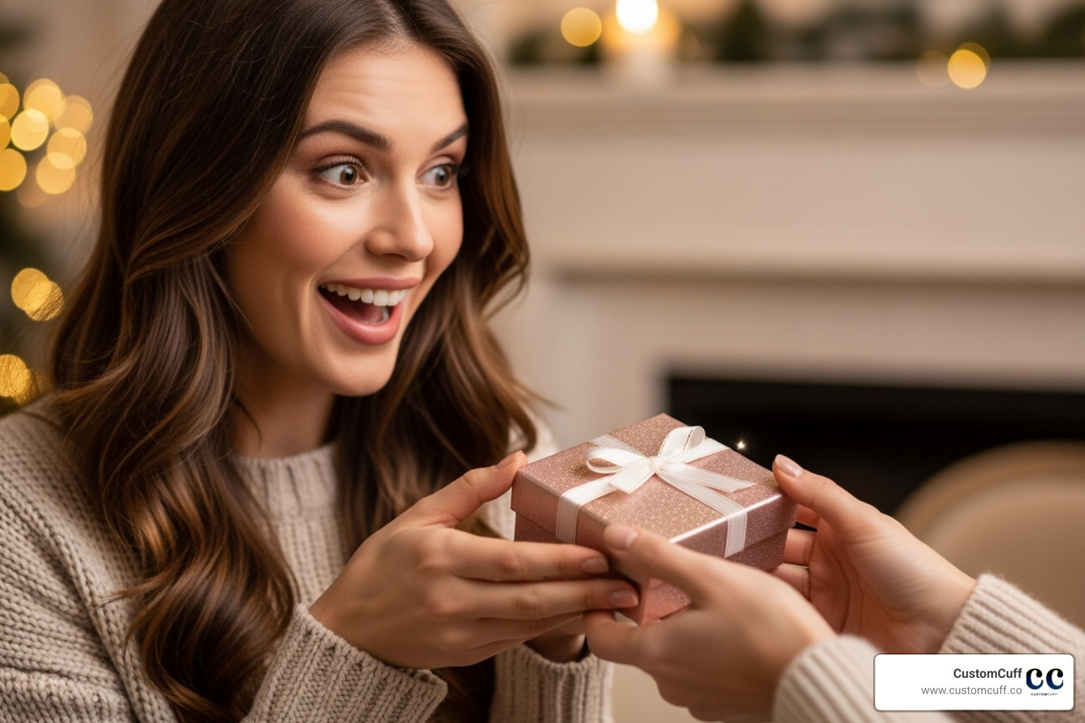 Woman joyfully receiving a small, neatly wrapped jewelry box - customized jewelry for women Woman joyfully receiving a small, neatly wrapped jewelry box - customized jewelry for women