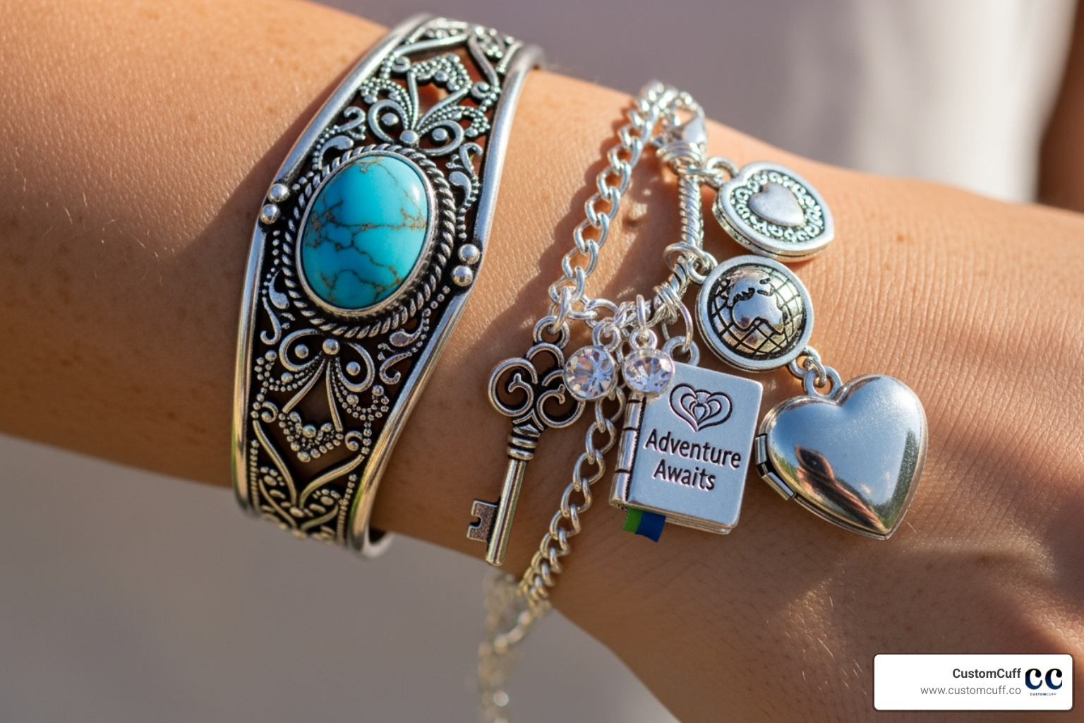 Custom cuff and charm bracelet on woman's wrist - customized jewelry for women Custom cuff and charm bracelet on woman's wrist - customized jewelry for women