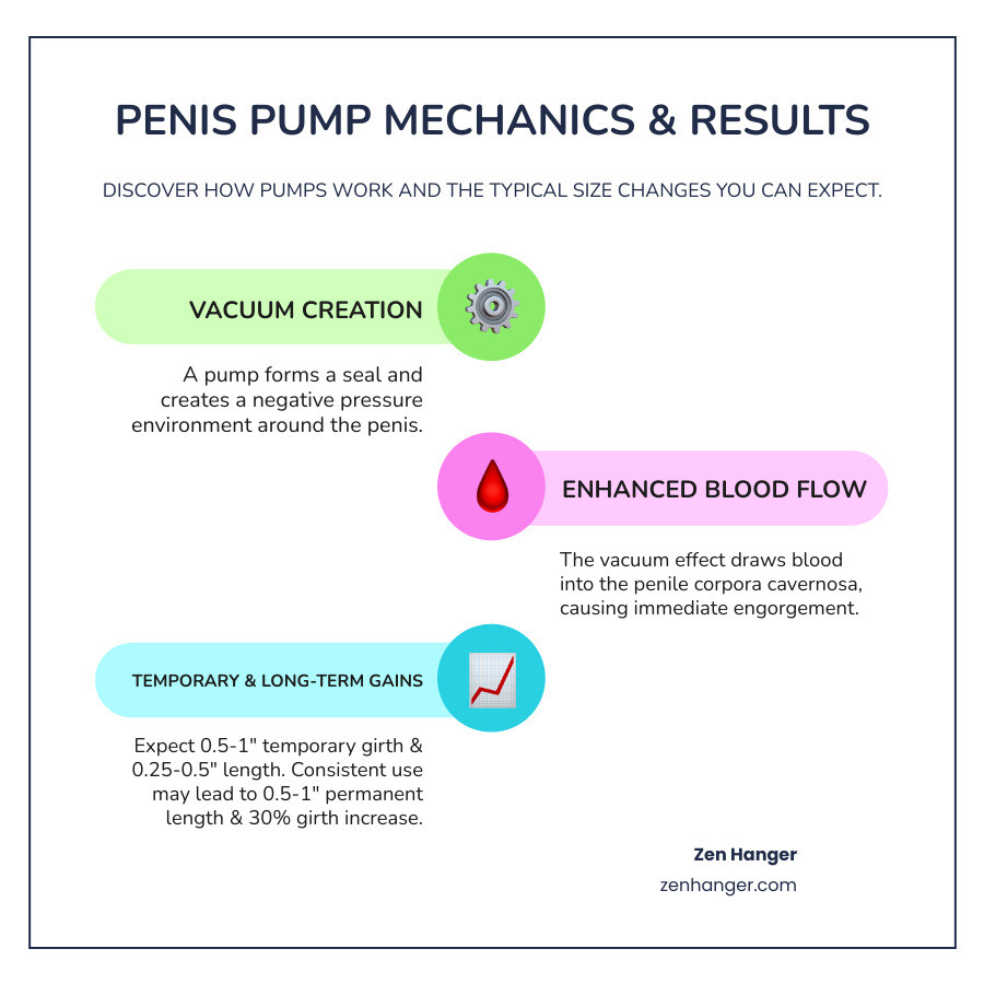 Infographic explaining how a penis pump works by creating a vacuum to draw blood into the corpora cavernosa, leading to temporary engorgement, and showing typical immediate and long-term size gains. - penis pump before and after pictures infographic infographic-line-3-steps-colors