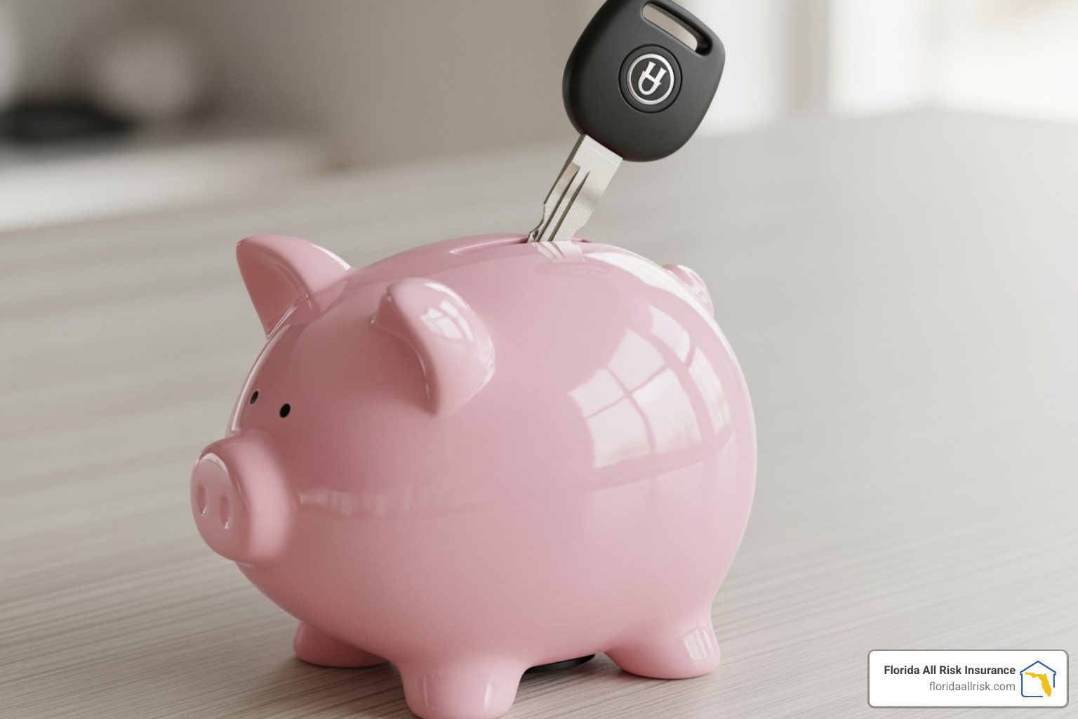 Piggy bank with a car key going into the slot, symbolizing savings on car insurance. - Auto insurance for young drivers Piggy bank with a car key going into the slot, symbolizing savings on car insurance. - Auto insurance for young drivers