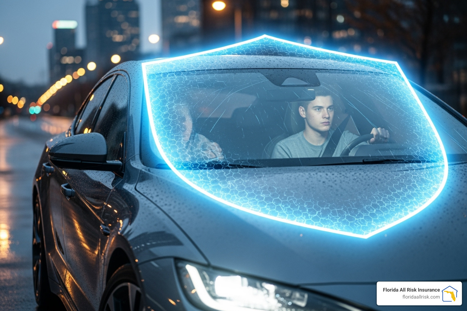 Protective shield graphic overlaid on a car with a young driver inside. - Auto insurance for young drivers Protective shield graphic overlaid on a car with a young driver inside. - Auto insurance for young drivers