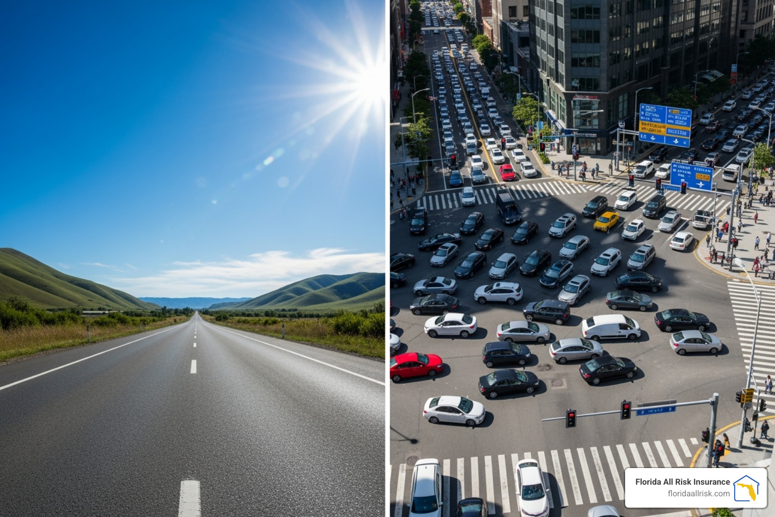 Split-screen showing a clear, open road on one side and a complex, busy intersection on the other, symbolizing the risks new drivers face. - Auto insurance for young drivers Split-screen showing a clear, open road on one side and a complex, busy intersection on the other, symbolizing the risks new drivers face. - Auto insurance for young drivers