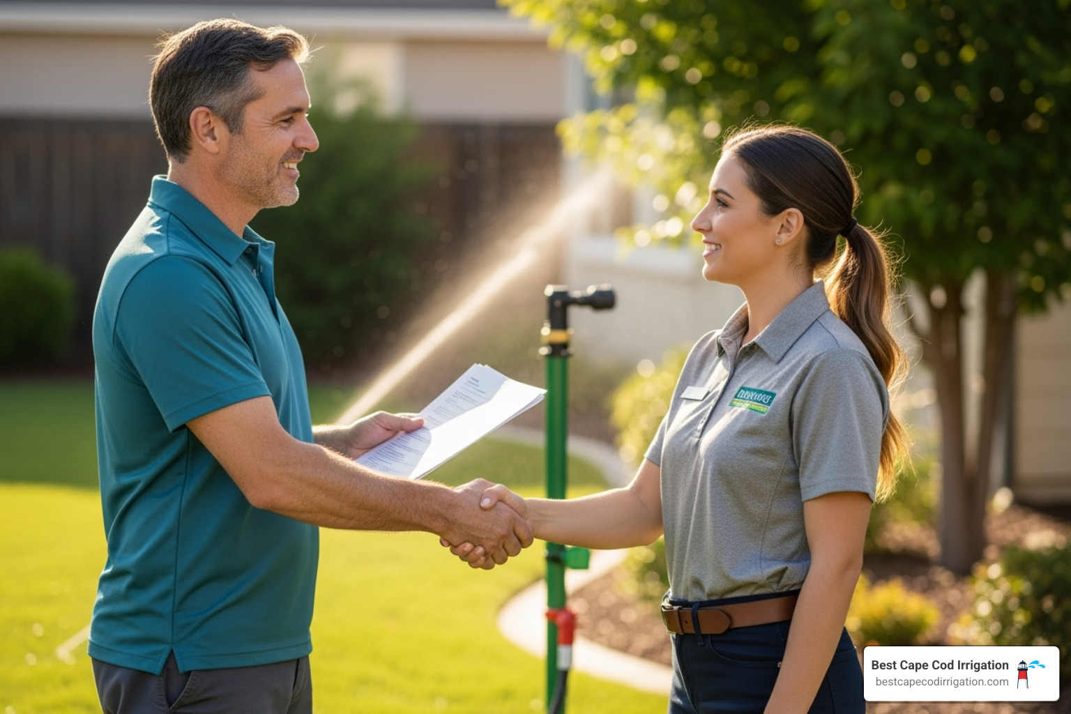 A homeowner shaking hands with an irrigation professional, symbolizing trust and agreement - Sprinkler installation near me