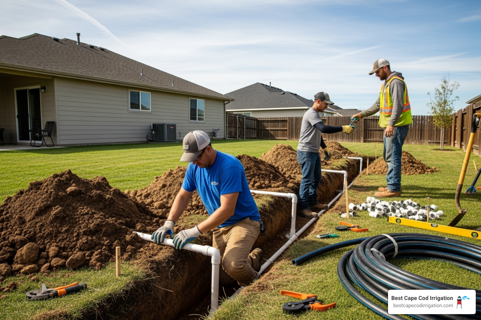 A professional crew installing sprinkler pipes in a yard, showing trenching and pipe laying - Sprinkler installation near me