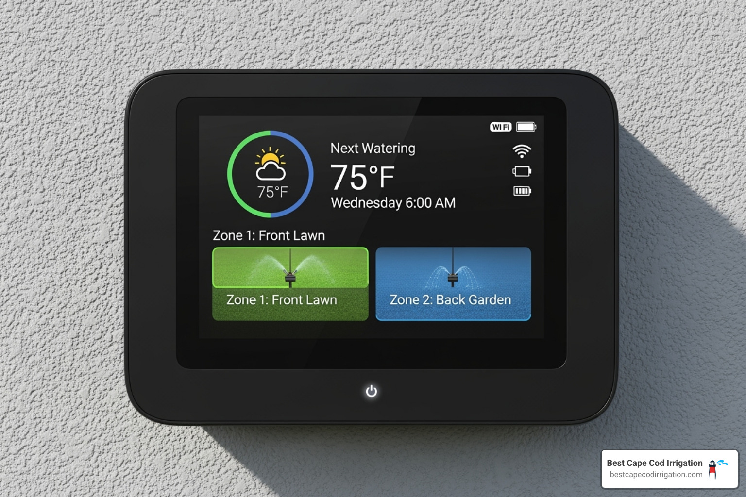 A smart sprinkler controller on a wall showing an intuitive interface - Sprinkler installation near me