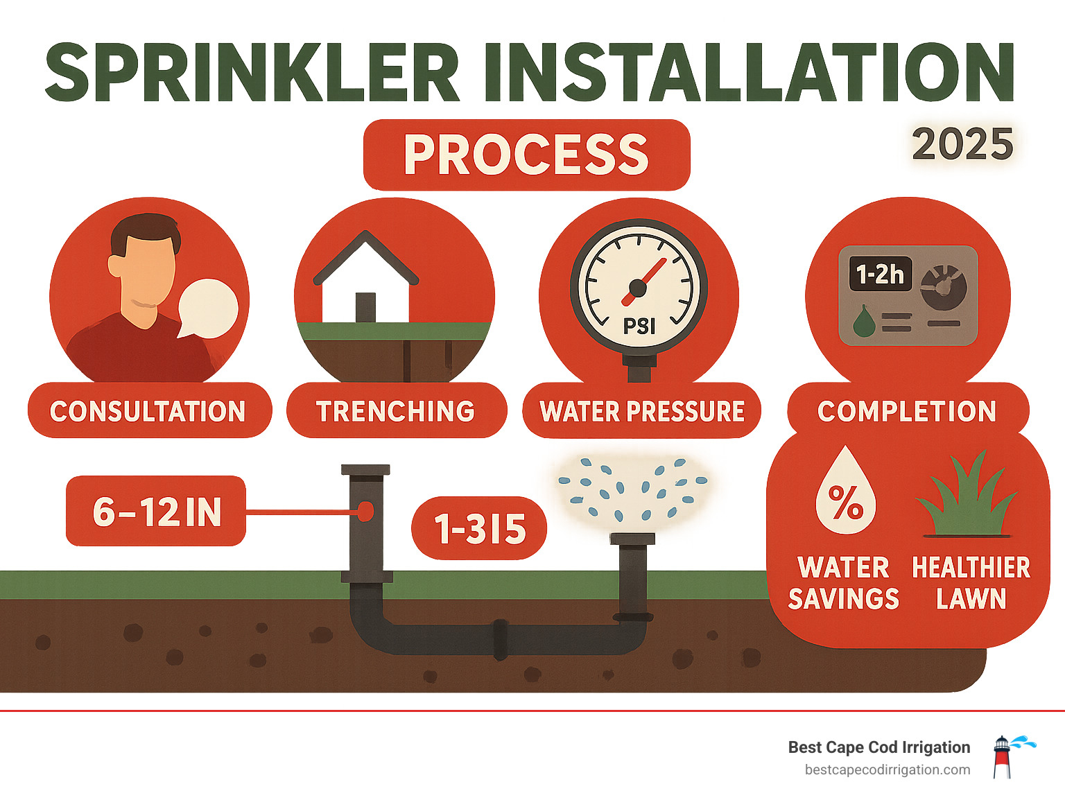 Comprehensive infographic showing sprinkler installation process from consultation to completion, including trenching depths, water pressure requirements, installation timeline, and key benefits like water savings and lawn health improvement - Sprinkler installation near me infographic 