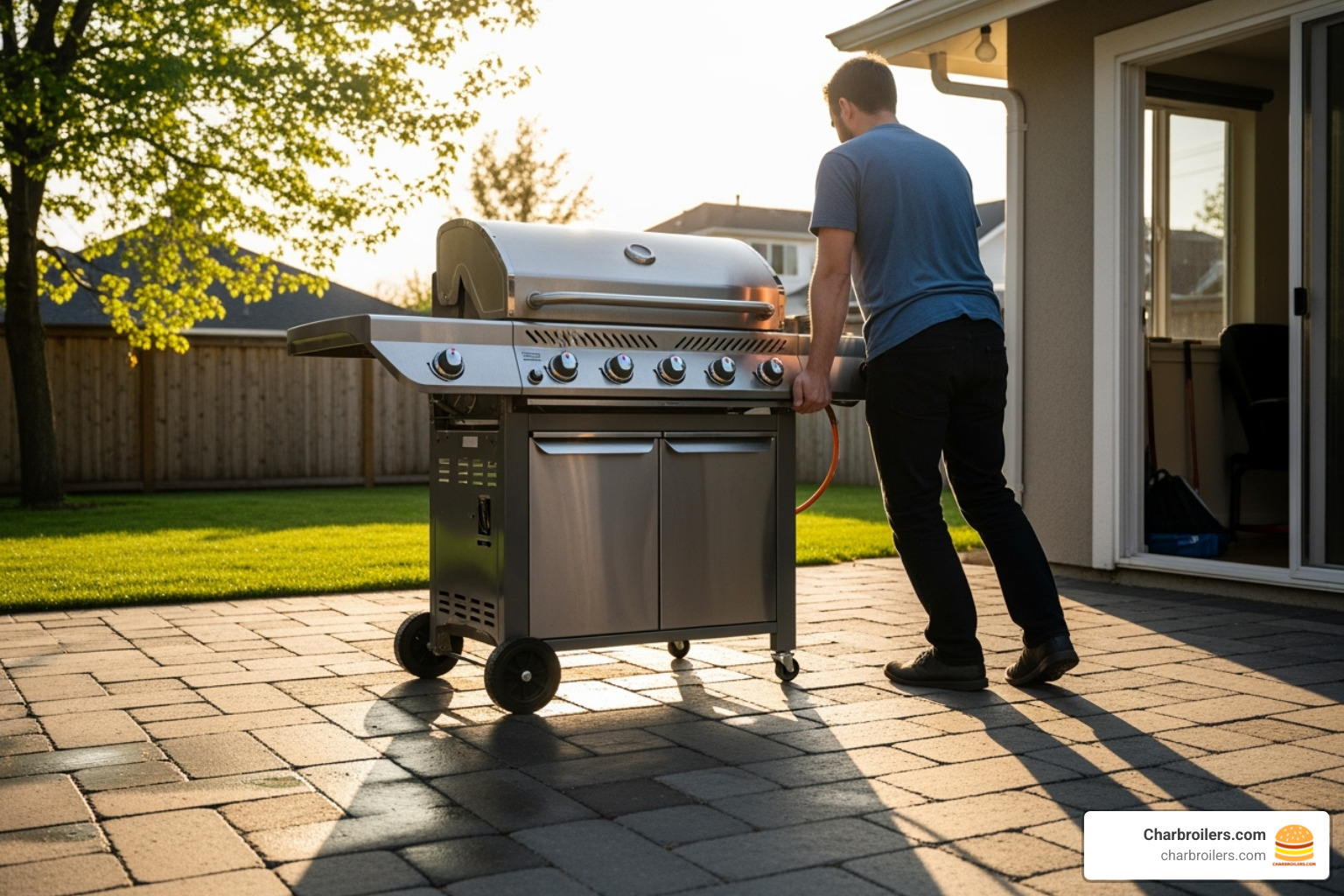 Commercial grill with large, lockable caster wheels being moved - propane grill commercial