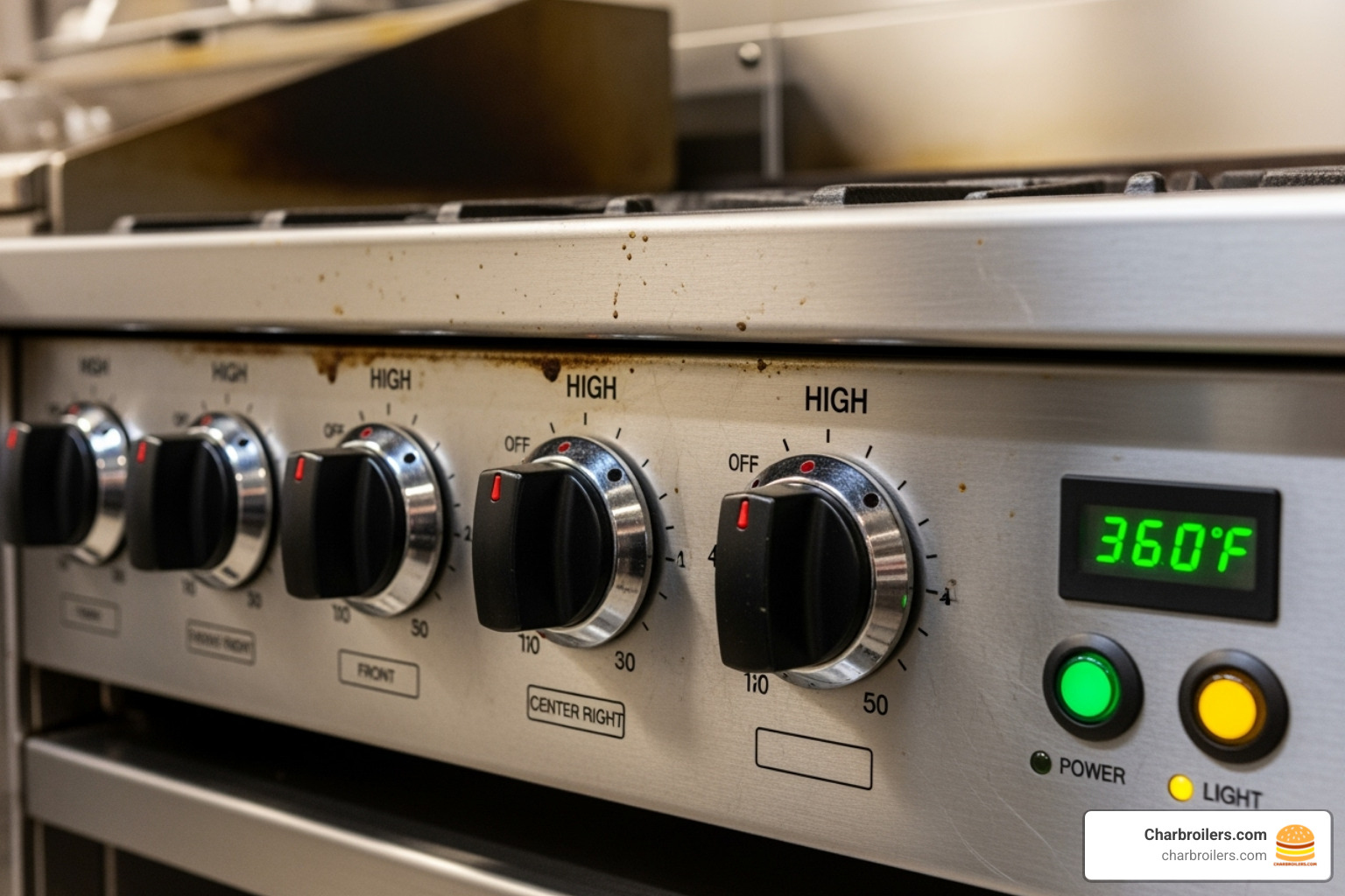 Detailed control panel on a commercial grill with multiple burner knobs - propane grill commercial