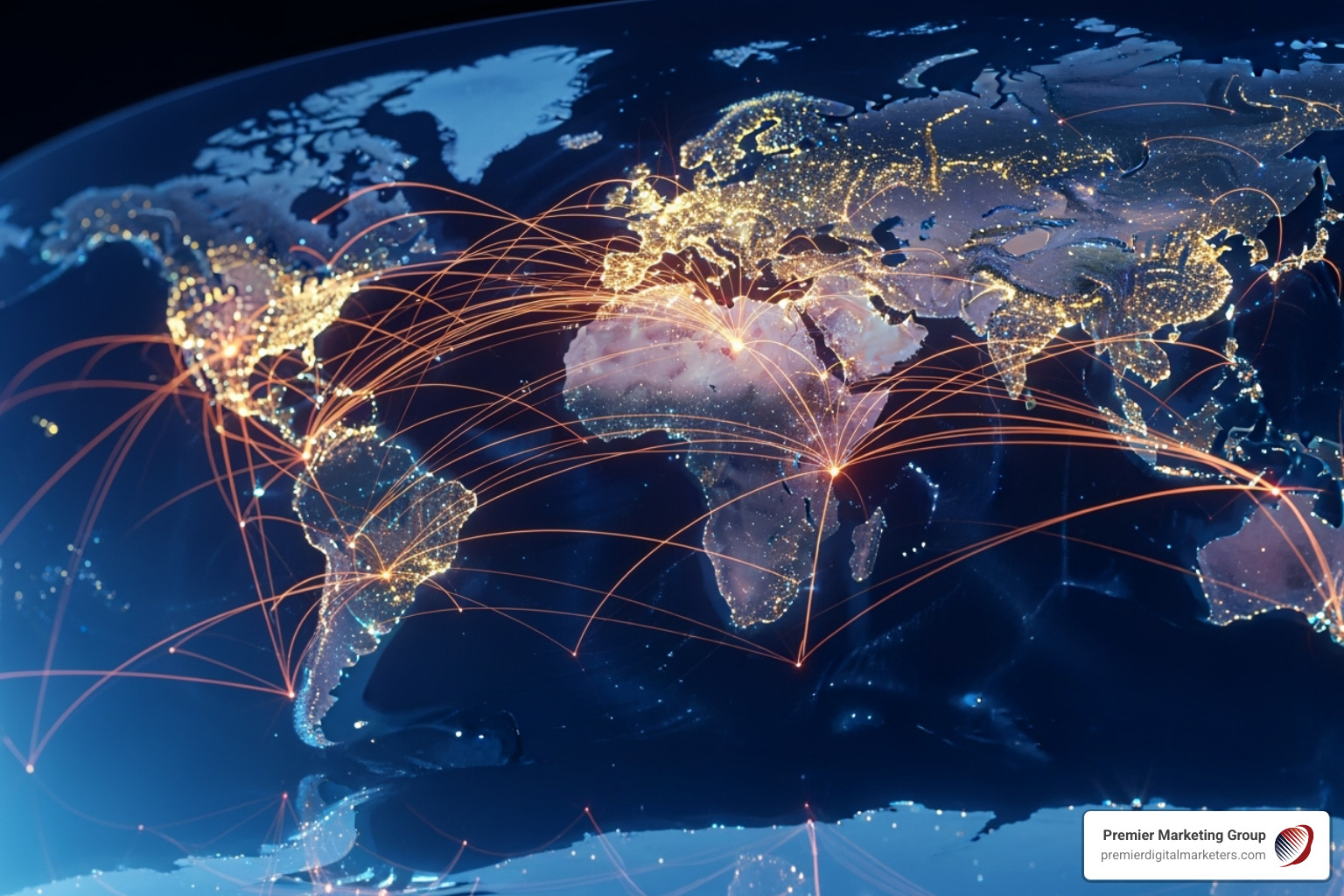 World map with interconnected digital sales channels, representing global ecommerce reach - ecommerce platform services