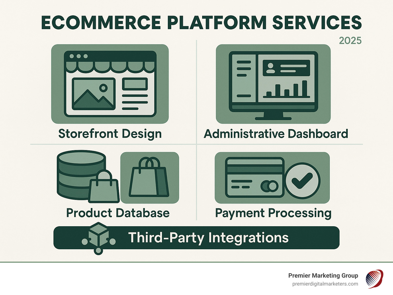 Comprehensive breakdown of ecommerce platform components showing storefront design, administrative dashboard, product database, payment processing, and third-party integrations - ecommerce platform services infographic 