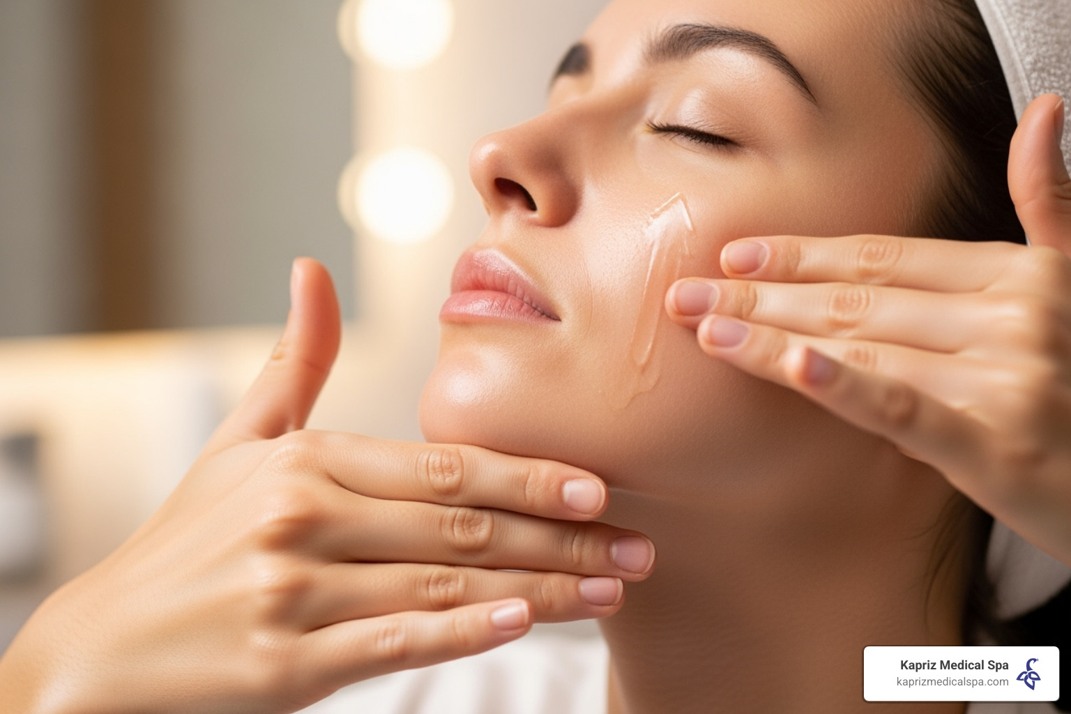 person performing an upward facial massage stroke on their cheek - can facial massage relax wrinkles