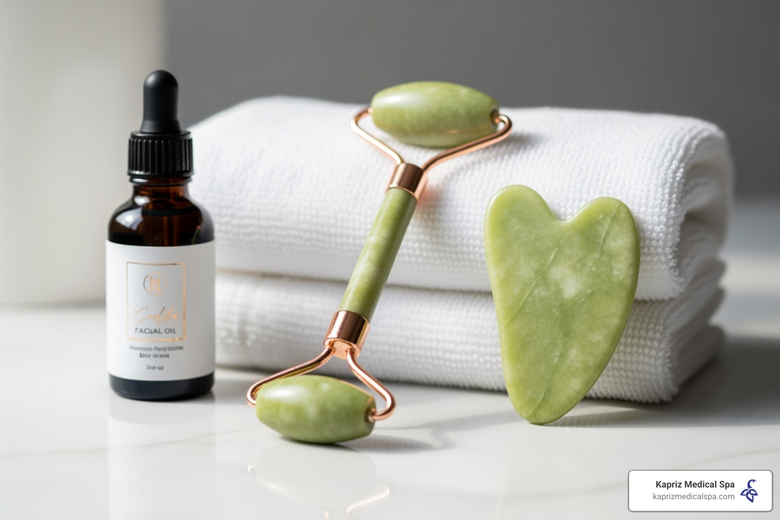 collection of facial massage tools like a jade roller and gua sha stone on a clean surface - can facial massage relax wrinkles
