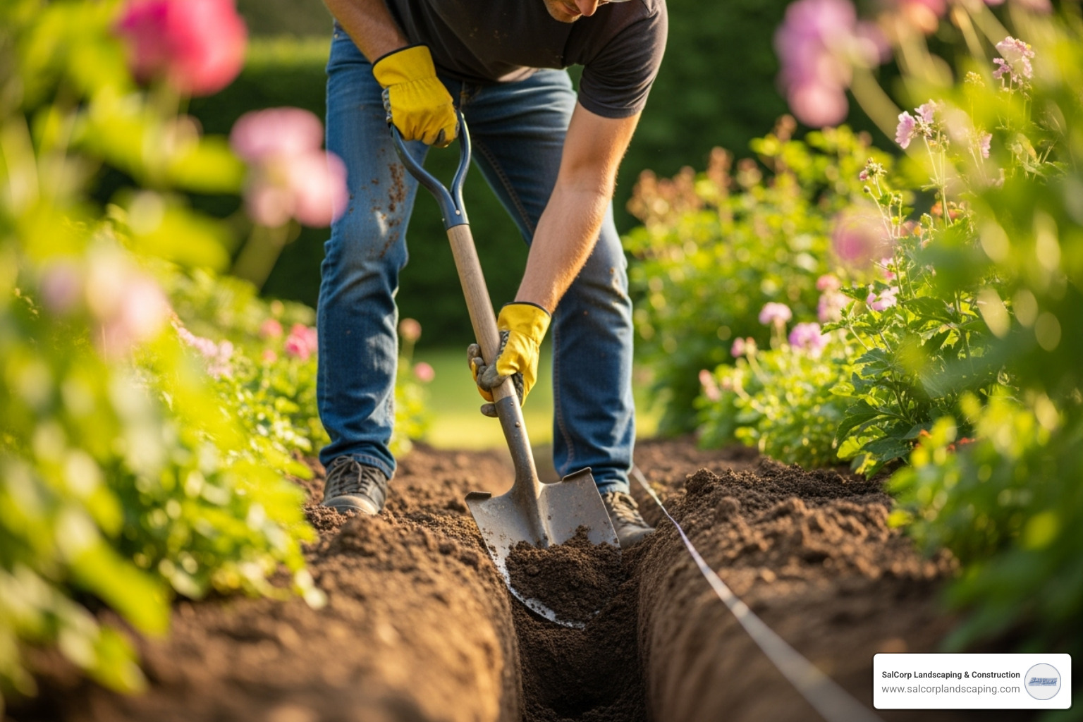 person digging trench - install flower bed edging