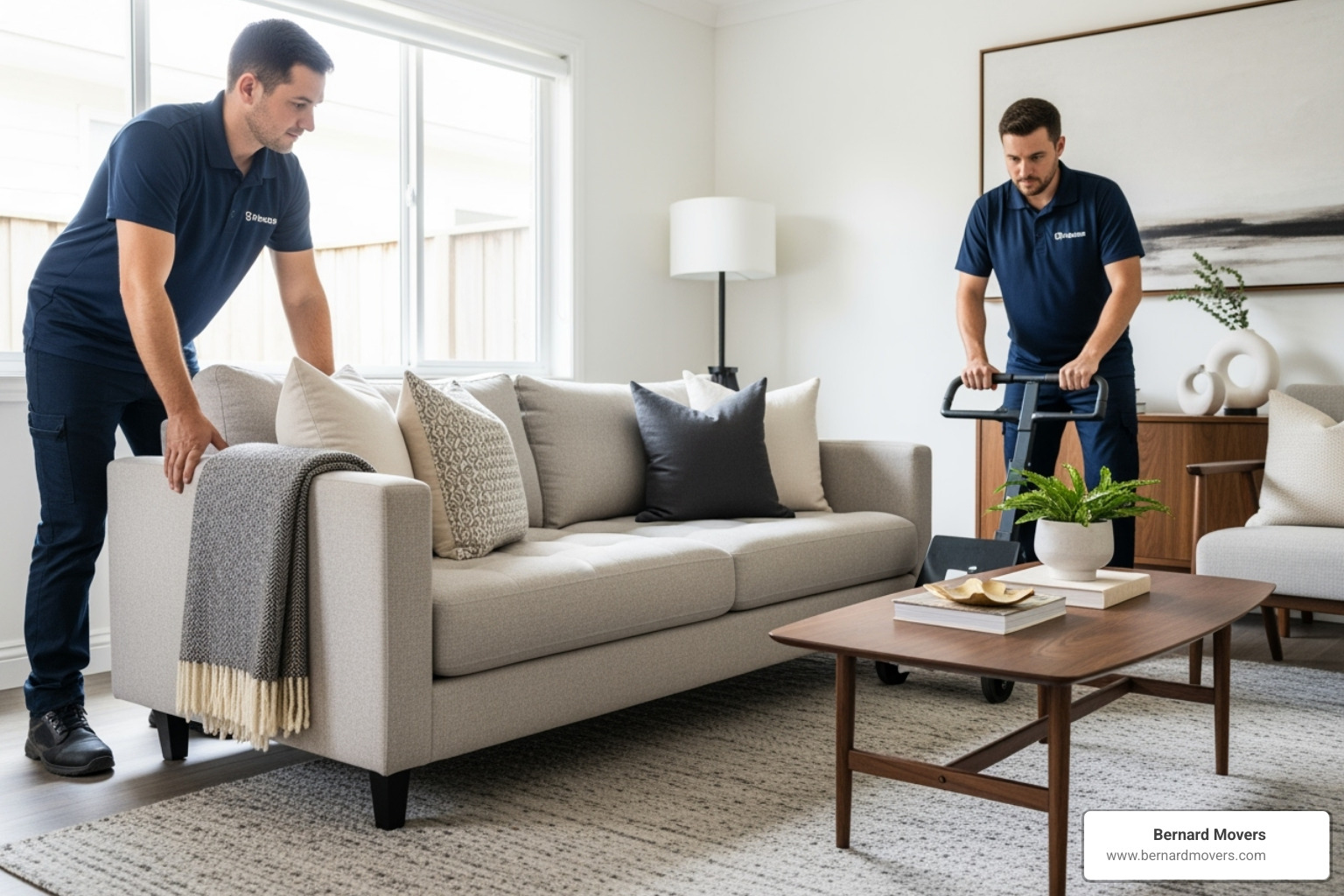 movers rearranging furniture in a living room for home staging - household items shifting near me